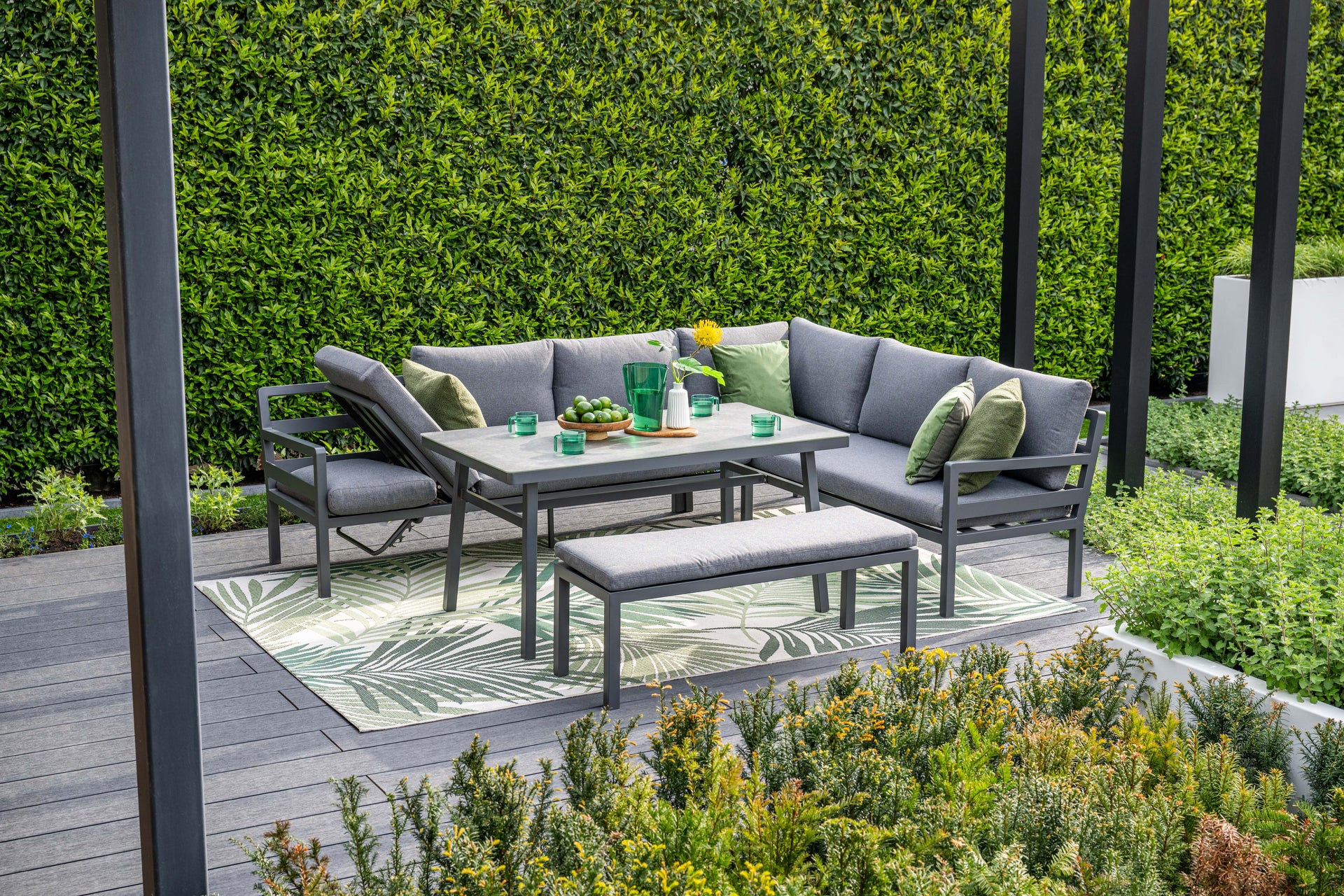 Corsica Grey Cushions - Lounge & Dining Corner Sofa, with Table and Bench