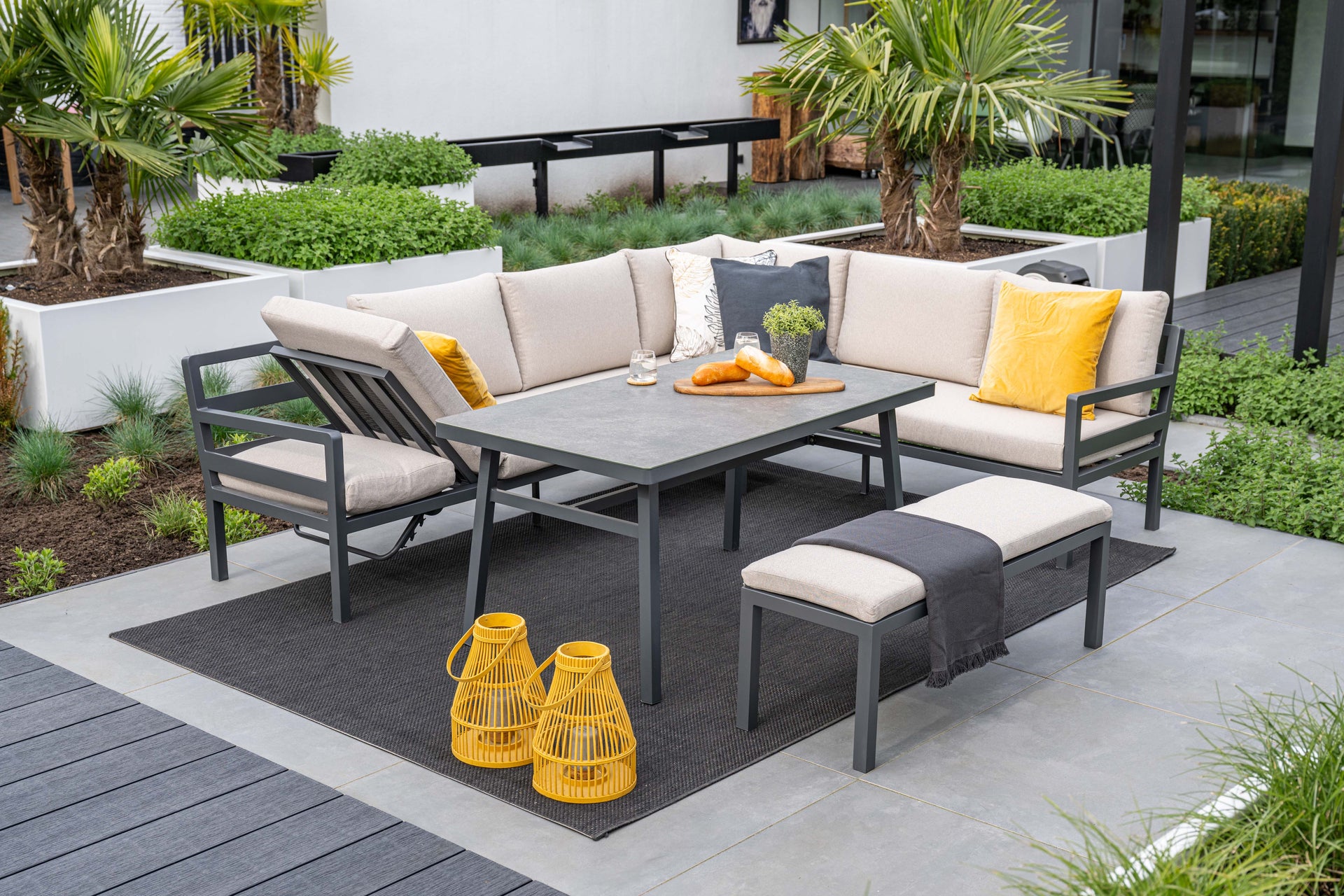 Corsica Sand Cushions - Lounge & Dining Corner Sofa, with Table and Bench