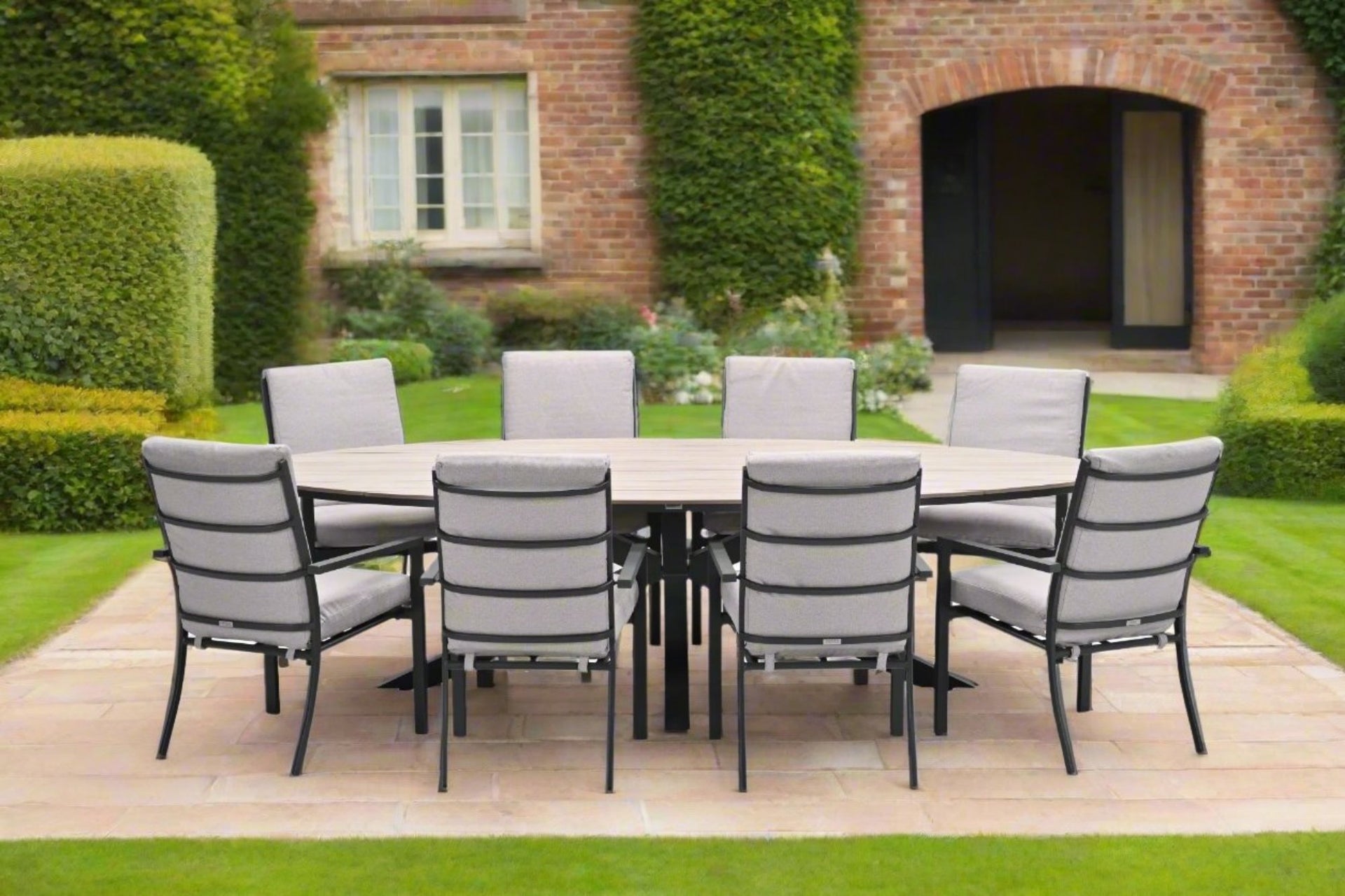 Edison Natural - Eight Seater Oval Dining Suite with Sergio Chairs - Sand Cushions