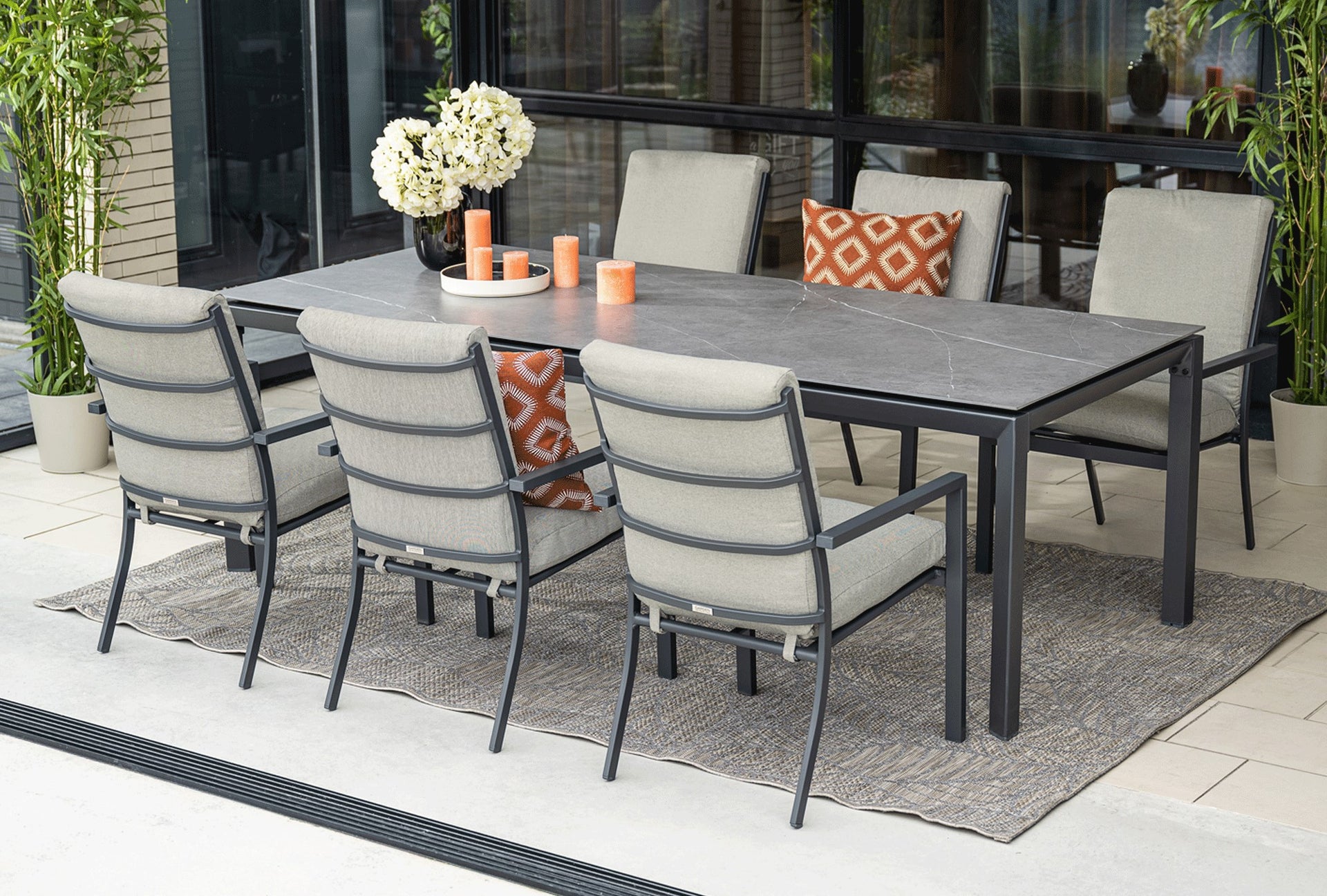 Domingo 6 Seater Dining Table with Sergio Dining Chairs - Light Grey Cushions