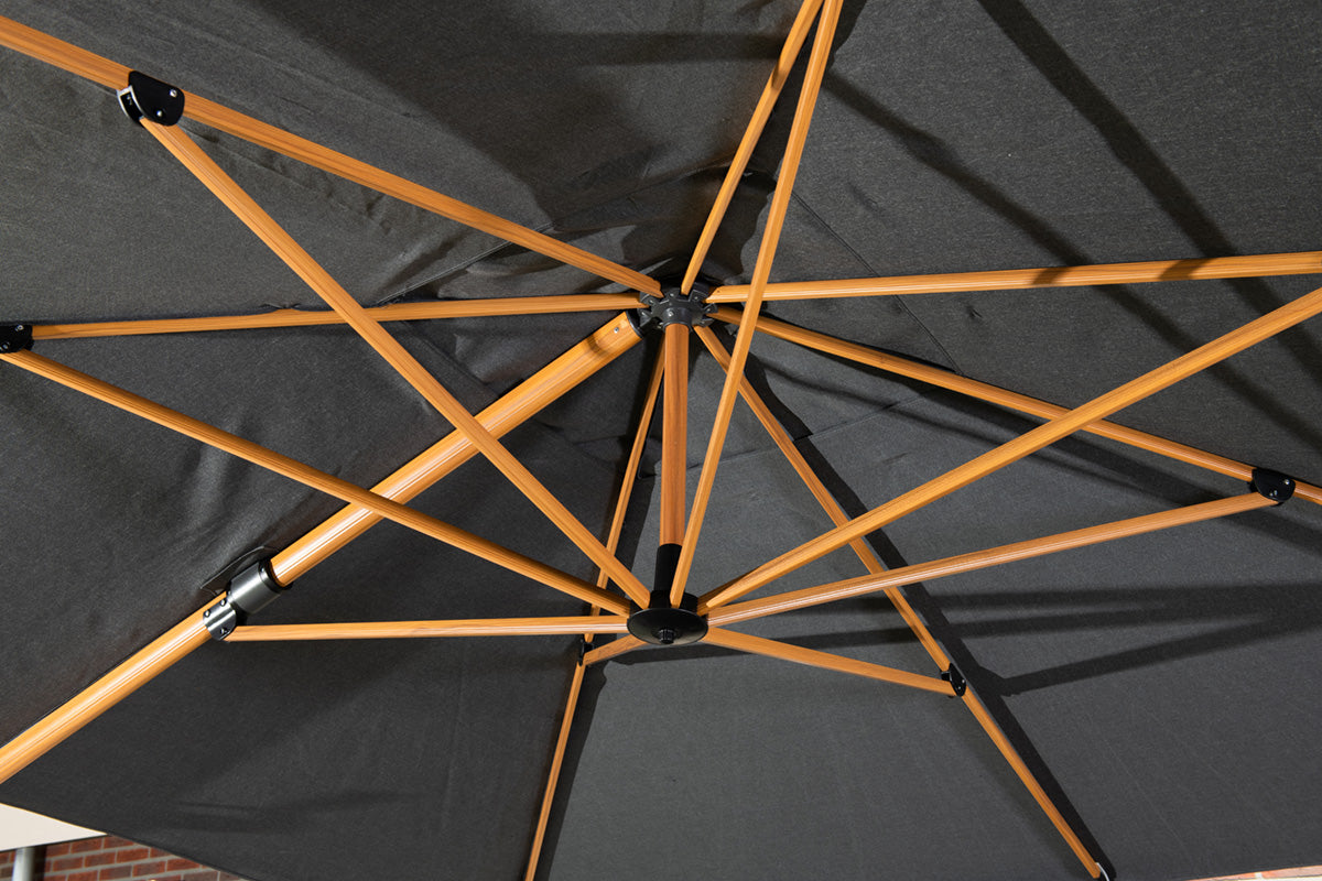 Hawaii Deluxe 300cm x 300cm Teak Effect Pole Square Cantilever Parasol with 90kg Moveable Granite Base