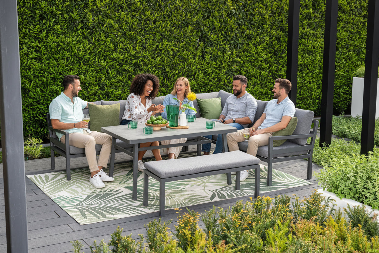 Corsica Grey Cushions - Lounge & Dining Corner Sofa, with Table and Bench