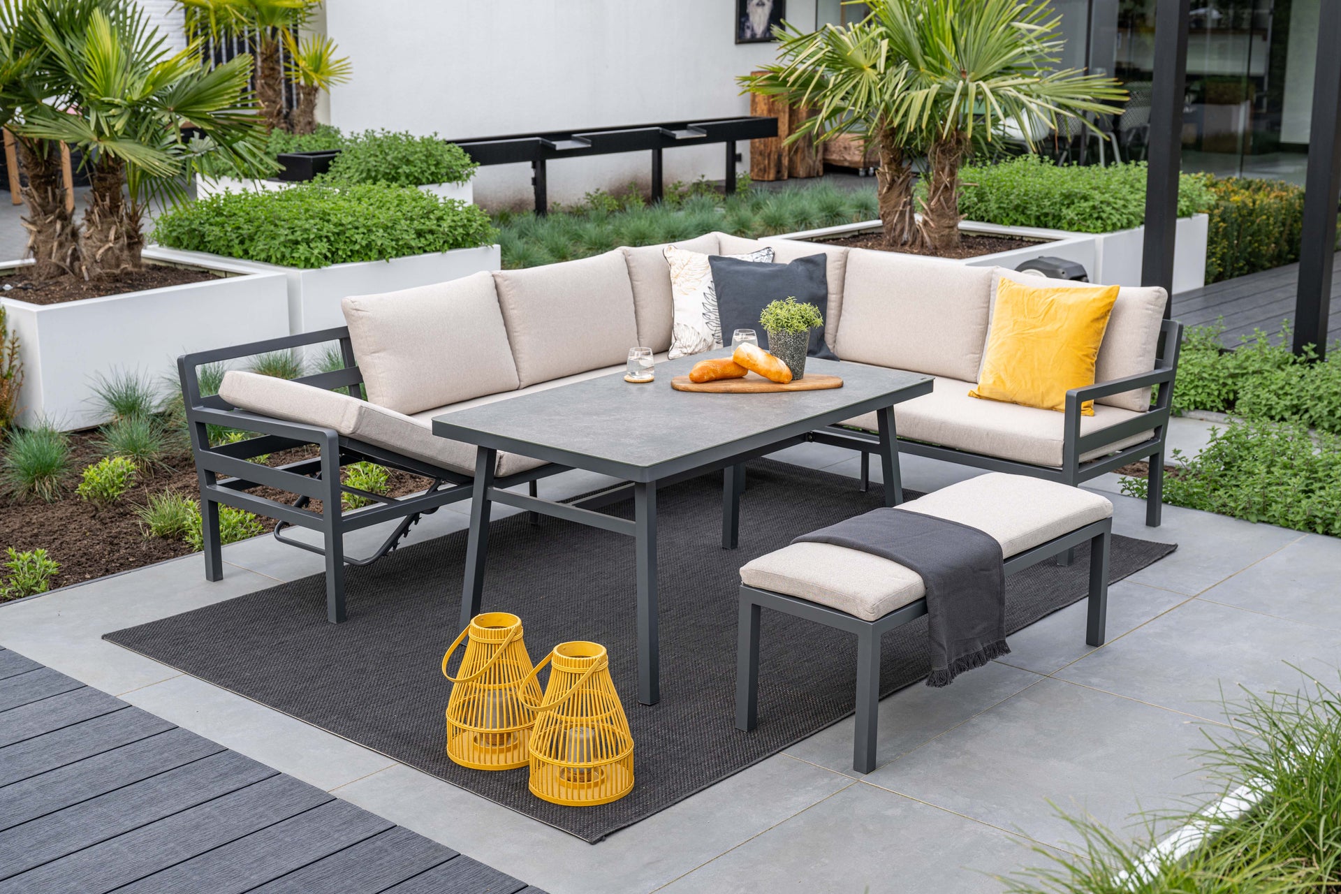 Corsica Sand Cushions - Lounge & Dining Corner Sofa, with Table and Bench