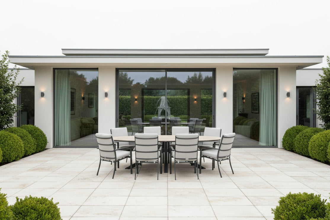 Edison Natural - Eight Seater Oval Dining Suite with Sergio Chairs - Sand Cushions