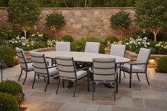 Edison Natural - Eight Seater Oval Dining Suite with Sergio Chairs - Sand Cushions