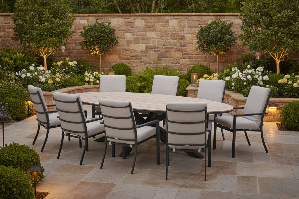 Edison Natural - Eight Seater Oval Dining Suite with Sergio Chairs - Sand Cushions