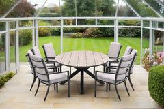 Edison Natural - Eight Seater Oval Dining Suite with Sergio Chairs - Sand Cushions