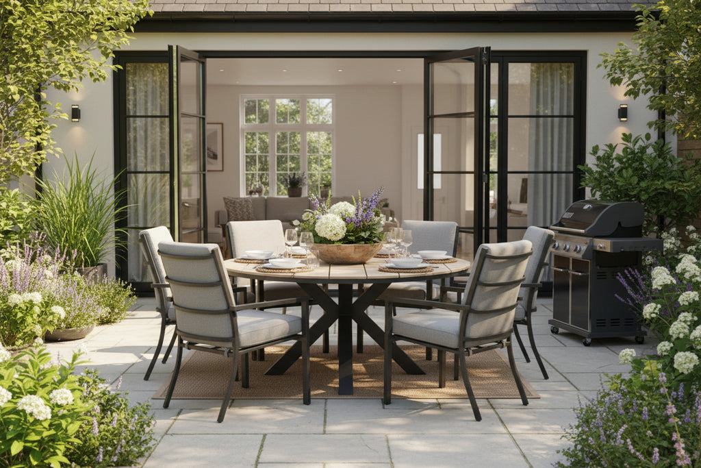 Edison Natural - Six Seater Oval Dining Suite with Sergio Chairs - Light Grey Cushions