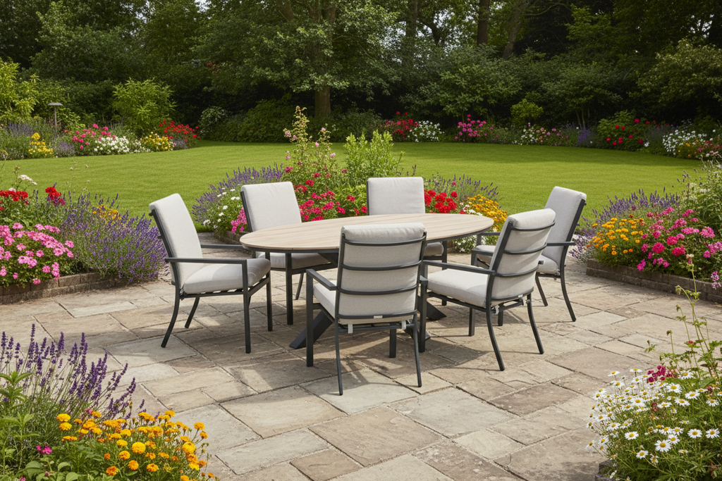 Edison Natural - Six Seater Oval Dining Suite with Sergio Chairs - Sand Cushions