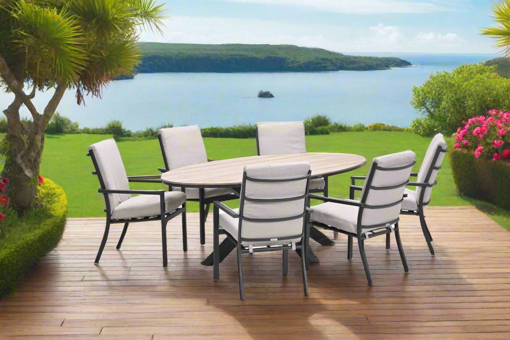 Edison Natural - Six Seater Oval Dining Suite with Sergio Chairs - Sand Cushions