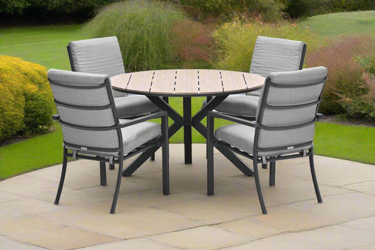 Edison Natural - Four Seater Round Dining Suite with Sergio Chairs - Light Grey Cushions