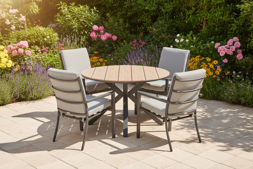 Edison Natural - Four Seater Round Dining Suite with Sergio Chairs - Light Grey Cushions