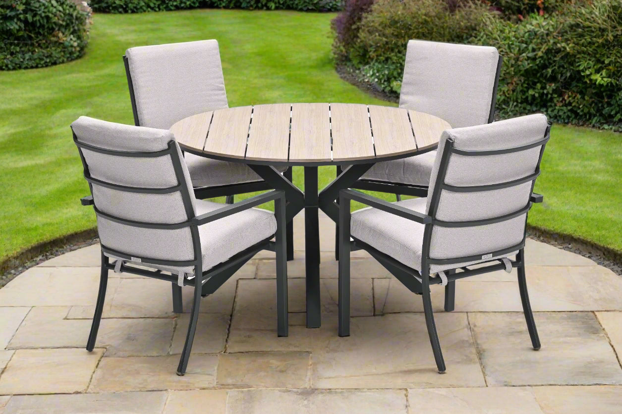 Edison Natural - Four Seater Round Dining Suite with Sergio Chairs - Sand Cushions