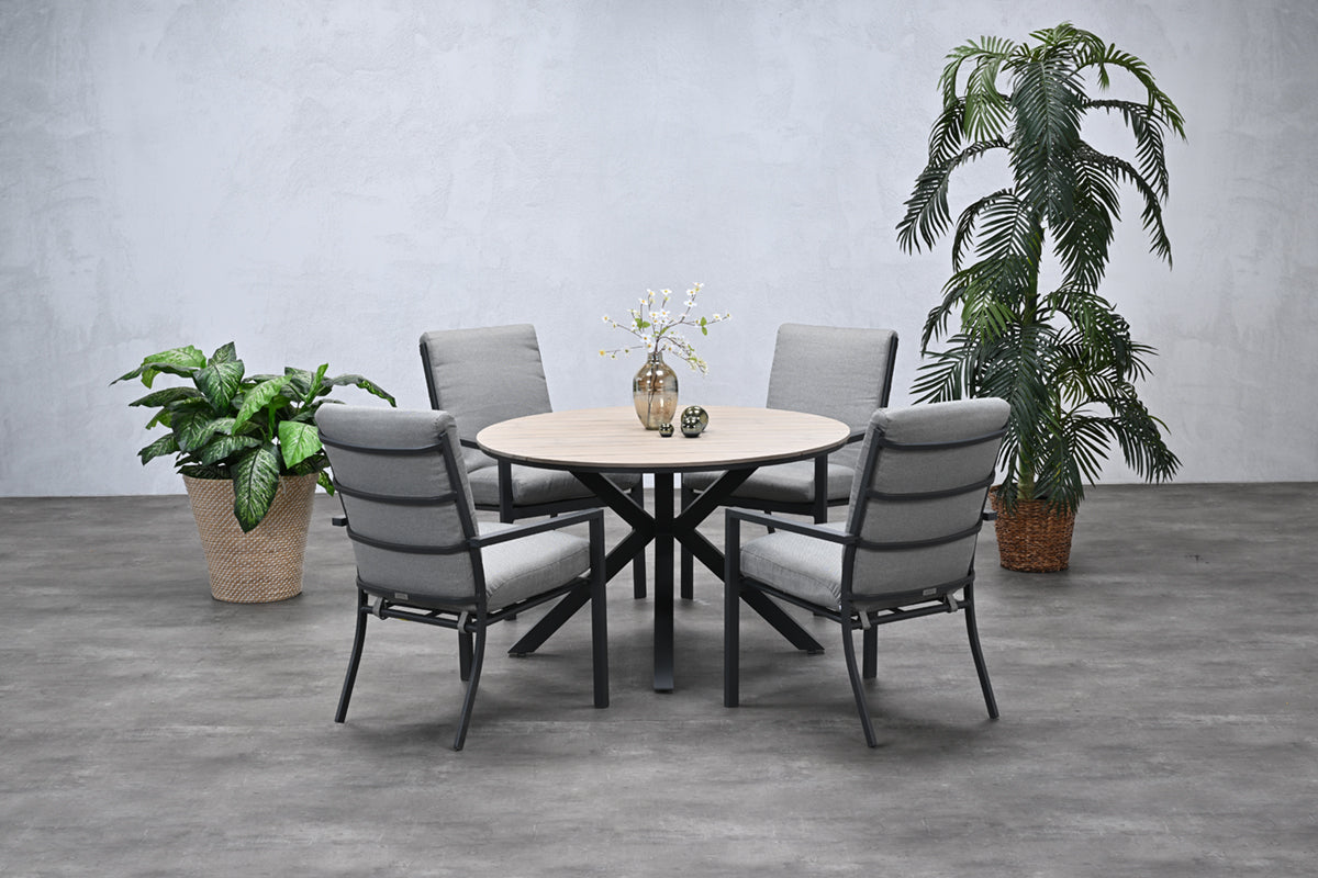 Edison Natural - Four Seater Round Dining Suite with Sergio Chairs - Light Grey Cushions