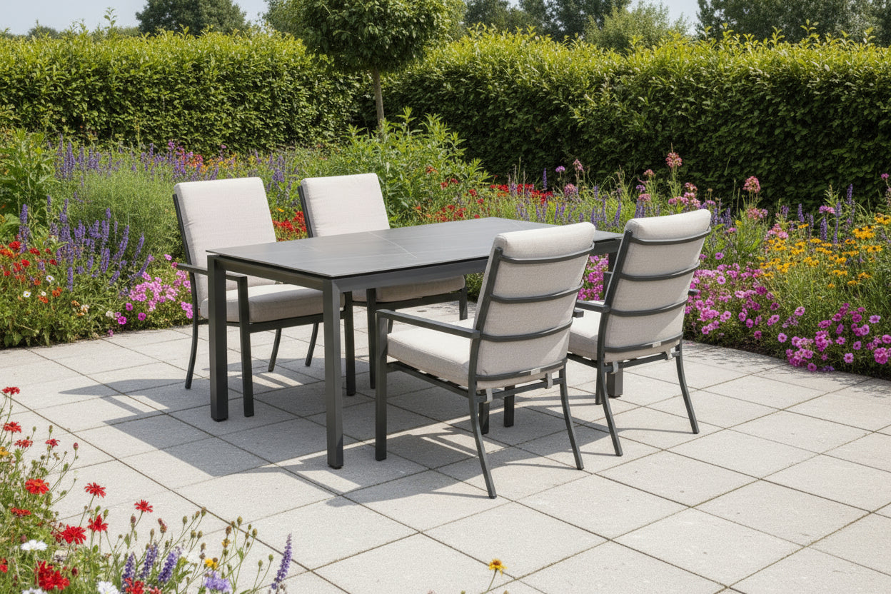 Domingo 4 Seater Dining Table with Sergio Dining Chairs - Sand Cushions