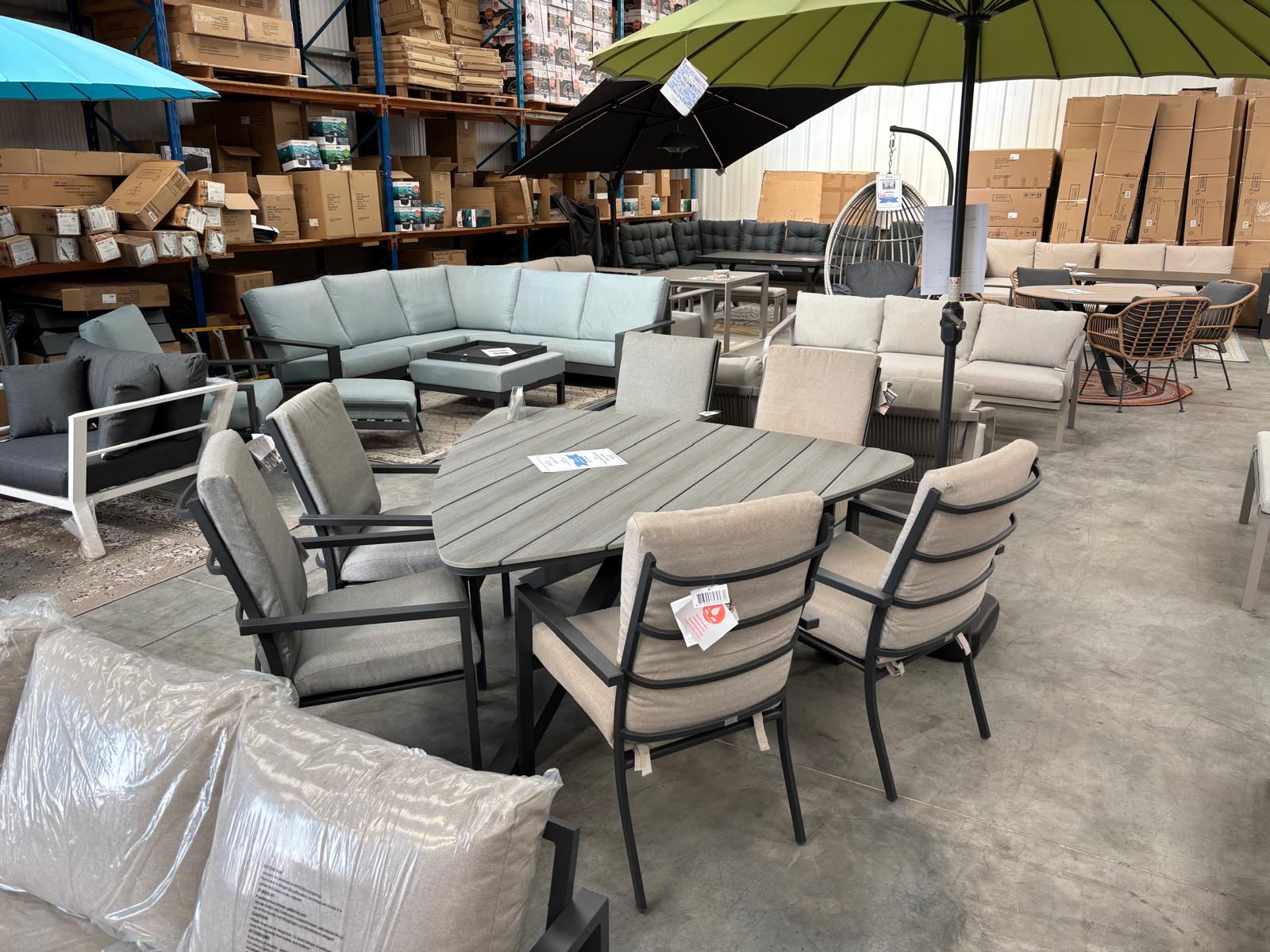 Edison Grey - Six Seater Triangular Dining Suite with Sergio Chairs - Light Grey Cushions