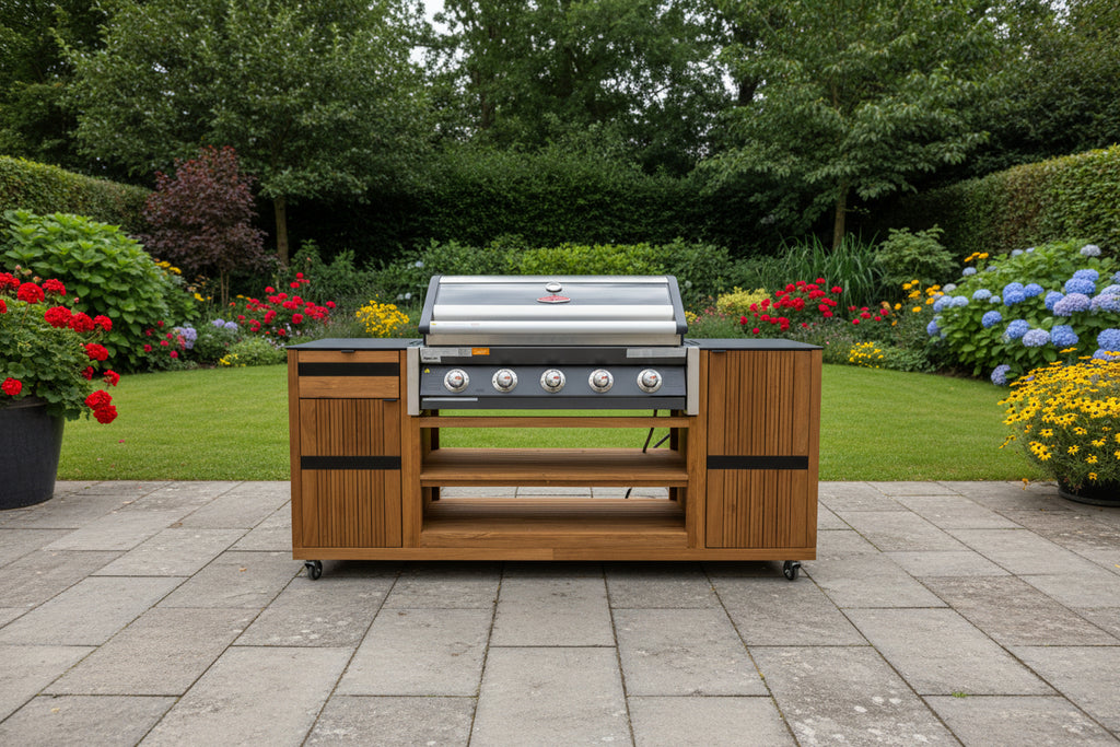 Avellino Teak Outdoor Kitchen BBQ Trolley on Wheels