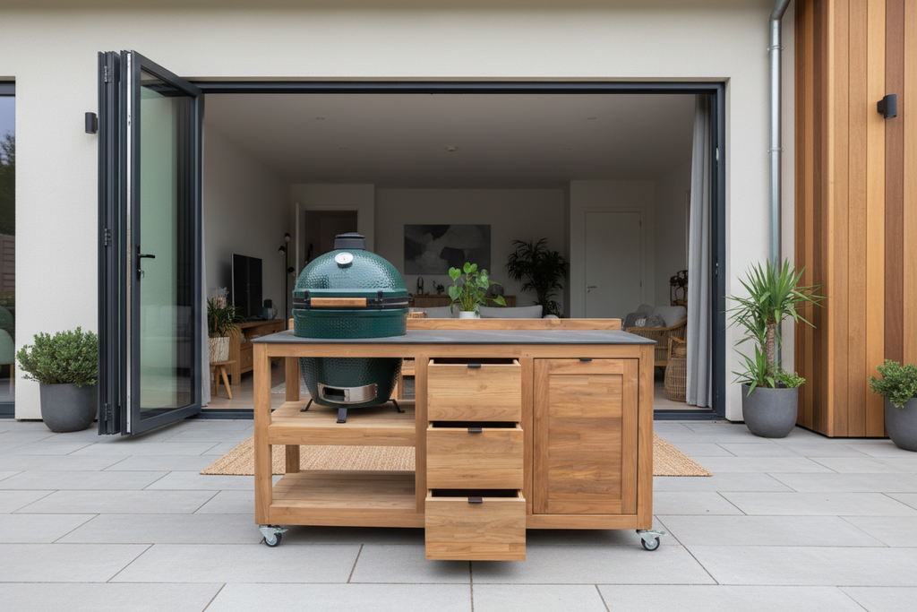Barletta Teak Kitchen Large Green Egg Cabinet on Wheels