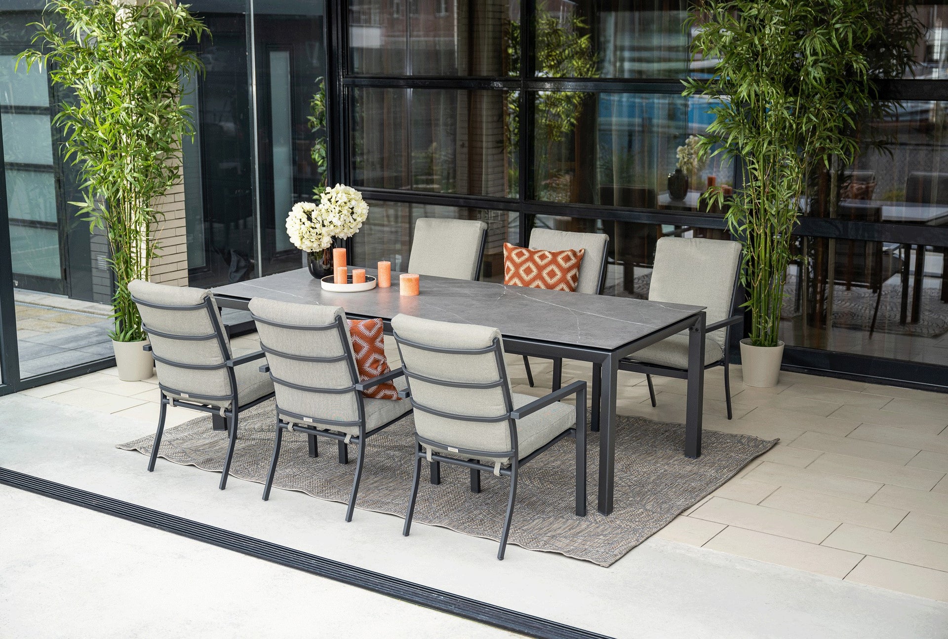 Domingo 6 Seater Dining Table with Sergio Dining Chairs - Sand Cushions