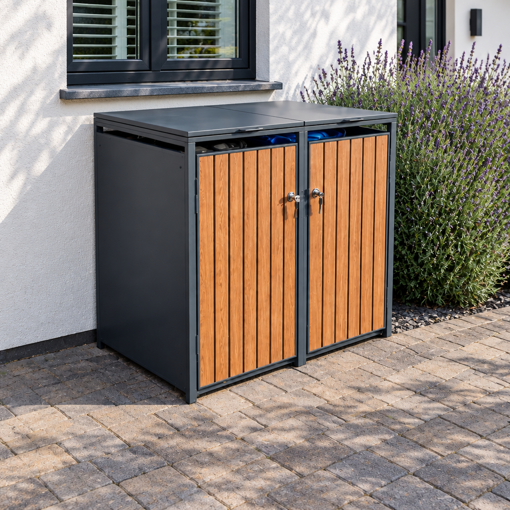 Double Galvanized Steel Wheelie Bin Store Wood Effect