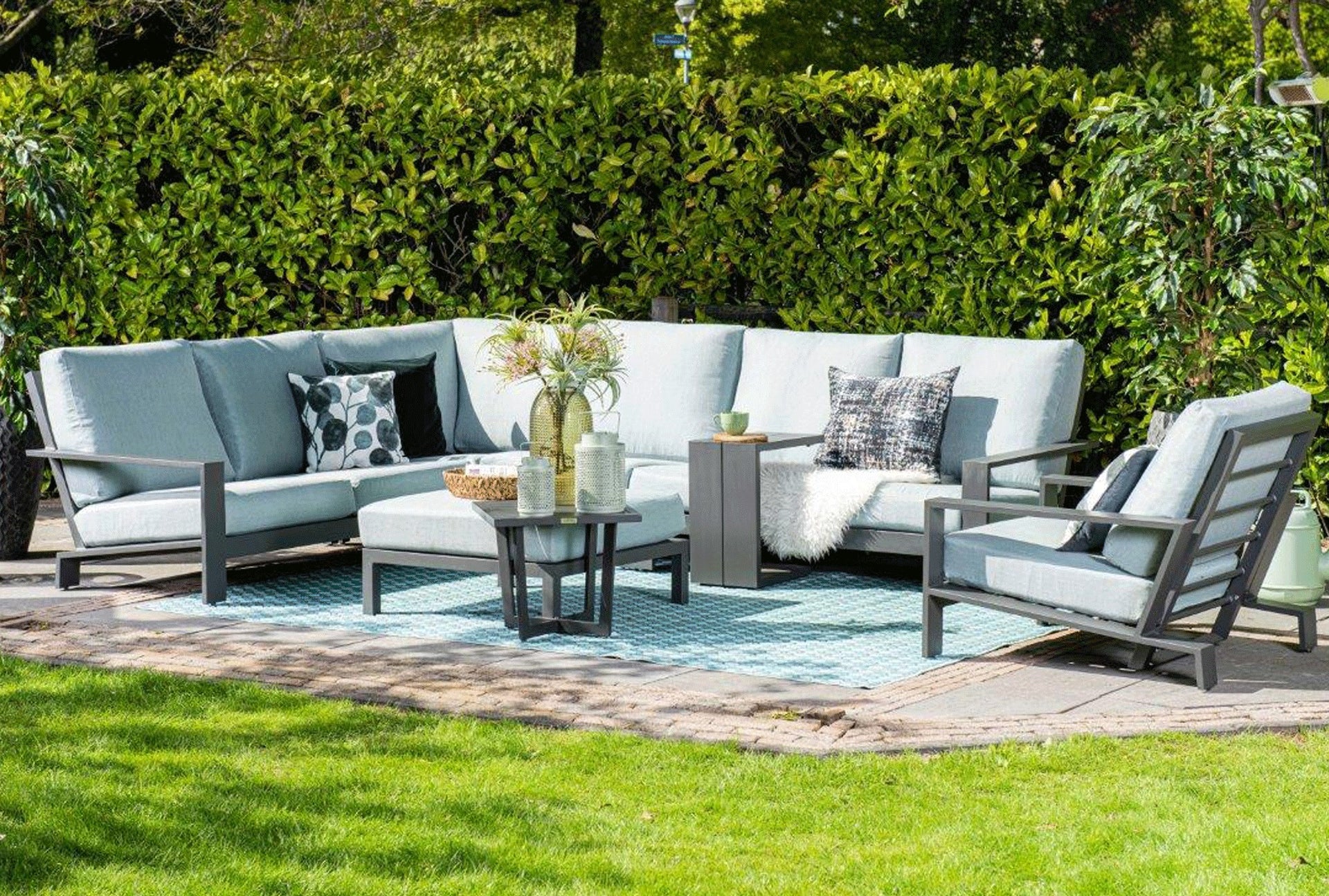 Lincoln Charcoal - Corner Garden Sofa Group with Ottoman and Recliner Chair