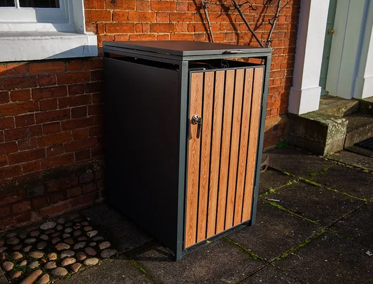 Single Galvanized Steel Wheelie Bin Store Wood Effect