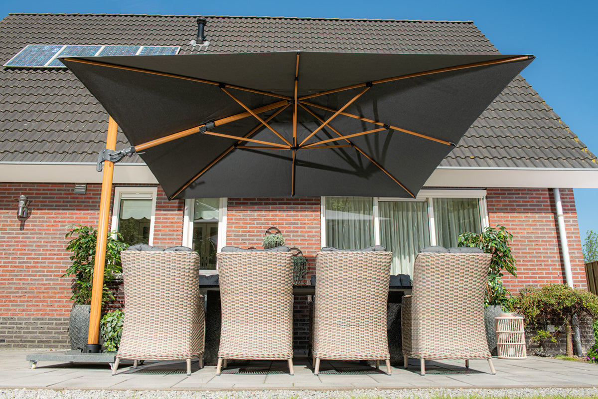 Hawaii Deluxe 300cm x 300cm Teak Effect Pole Square Cantilever Parasol with 90kg Moveable Granite Base